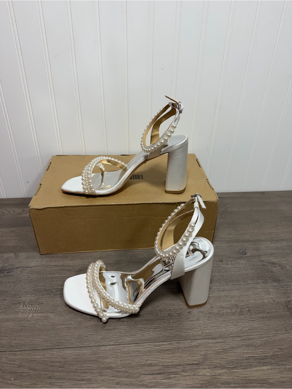 Brand new Badgley Mischka white satin Feisty ankle strap h
 size 8.5